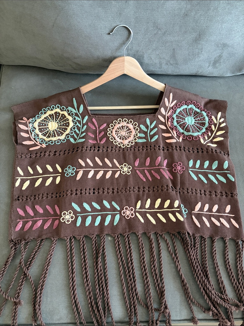 Embroidered Brown Fringe Poncho Top with Pastel Florals